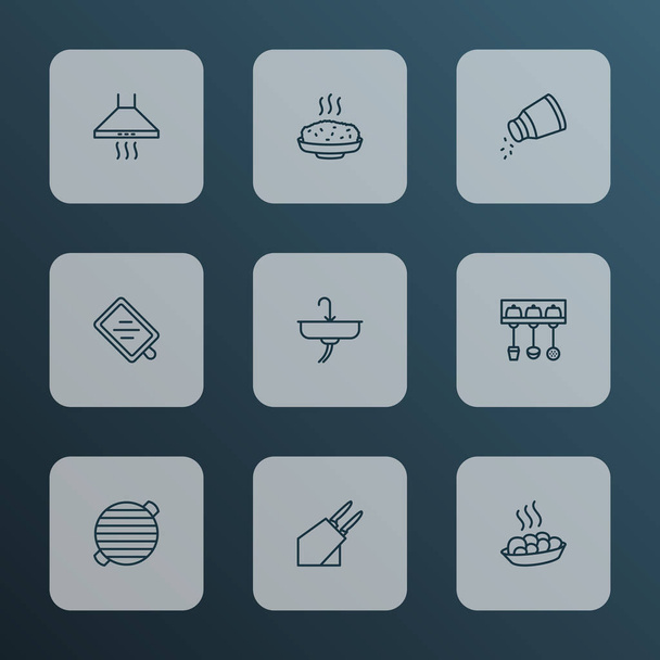 Set di icone culinarie in stile linea con lavello, porta coltelli, porta utensili e altri elementi nutrizionali. Isolato illustrazione icone culinarie. - Foto, immagini