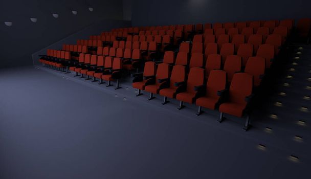 cinema vuoto illuminato da proiettore e sedili rossi. rendering 3d - Foto, immagini