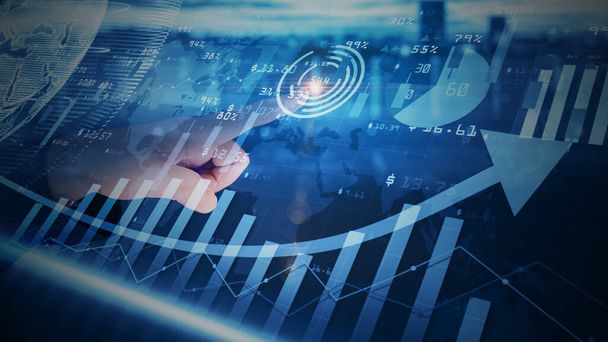 手で触れるデジタルデータ金融投資動向、利益と損失、ビジネスと財務の背景を示すチャートや株式番号を持つ金融ビジネス図。3Dレンダリング - 写真・画像