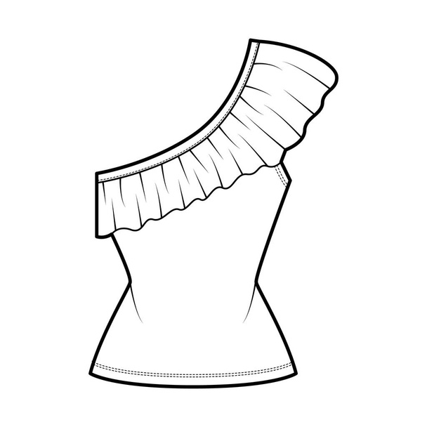 Top egy váll technikai divat illusztráció fodros, felszerelt test, nyúlik pamut. Lapos ruházati ing sablonja - Vektor, kép