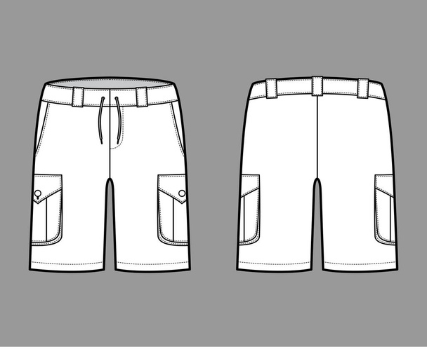 Ilustración de moda técnica de carga corta con longitud media del muslo, cintura baja, subida, recortada, bolsillo de fuelle. Piso Bermudas - Vector, imagen