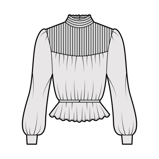 Gibson blouse technische mode illustratie met bladerdeeg lange mouwen, standaard kraag, peplum zoom, passend lichaam, geknepen. - Vector, afbeelding
