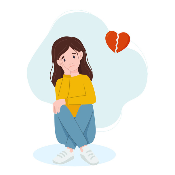 Ilustración vectorial de una chica triste sentada en el suelo. Corazón roto.. - Vector, imagen