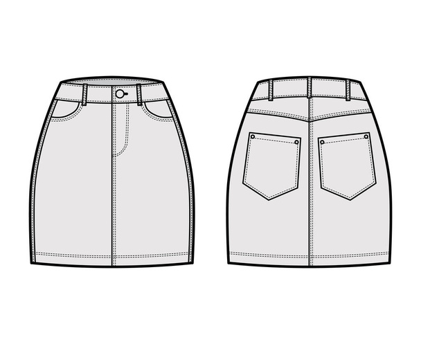 Denim skirt technical fashion illustration with mini length, normal waist, high rise, curved and angled pockets. Flat - Vector, Image