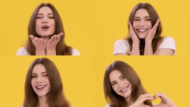 Collage ensemble de belle femme caucasienne souriant et flirtant à la caméra, fond studio orange, ralenti - Séquence, vidéo