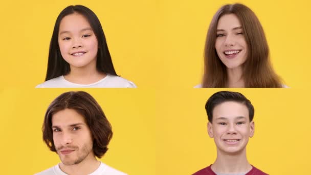 Creative composition of cheerful emotions of adult man and woman and teen boy and girl, orange studio background - Footage, Video