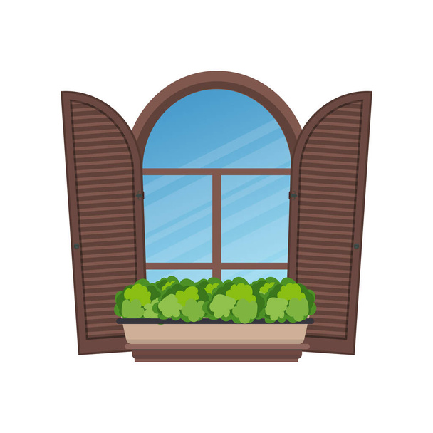 Semicirculair gebogen raam met bloemen en veiligheidsluiken in Italiaanse stijl. Vectorillustratie. - Vector, afbeelding