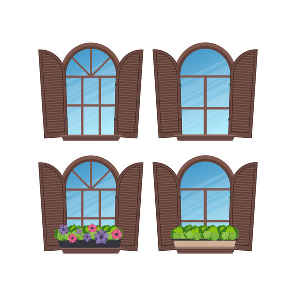 Σετ ημικυκλικών παραθύρων με παντζούρια και λουλούδια. Σε επίπεδο στυλ. Απομονωμένοι. Διάνυσμα - Διάνυσμα, εικόνα