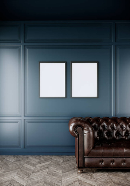 Σκούρο μπλε εσωτερικό σπίτι και Canvas αφίσα σε κενό μπλε φόντο μοτίβο τοίχο, 3d απόδοση - Φωτογραφία, εικόνα
