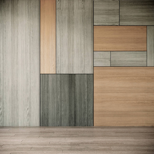 Ο εσωτερικός σχεδιασμός του άδειου σαλονιού και της ξύλινης υφής τοίχων / 3d απόδοση νέας σκηνής - Φωτογραφία, εικόνα