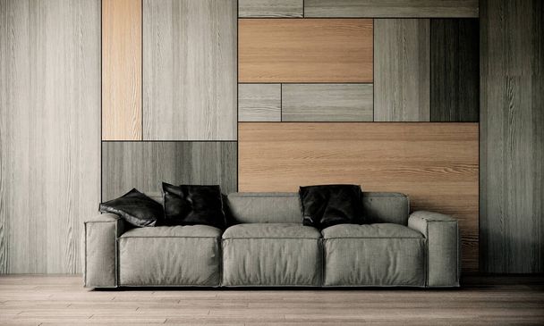moderní luxusní obývací pokoj interiér s glay pohovkou a dekorativní dřevěné stěny panel s parketovou podlahou, malý černý polštář, obývací pokoj interiér pozadí maketa nahoru, 3D vykreslování - Fotografie, Obrázek