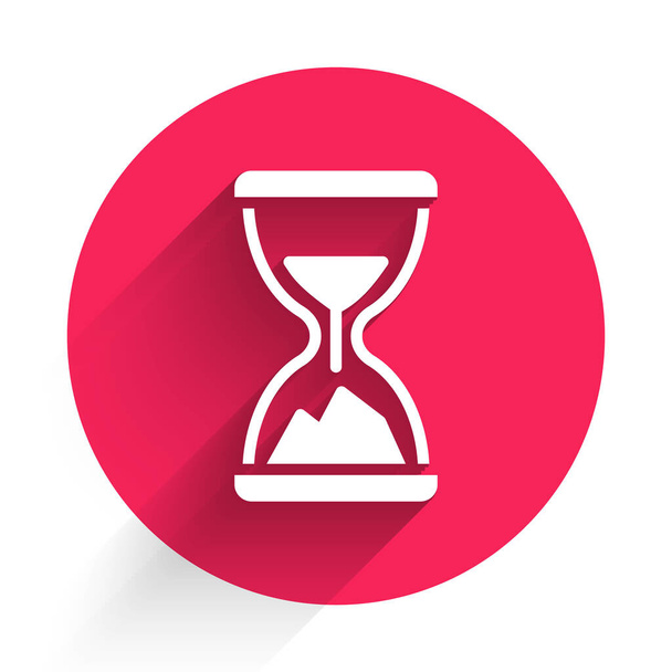 White Old hourglass with flowing sand icon isolated with long shadow. Sand clock sign. Business and time management concept. Red circle button. Vector. - Vector, Image