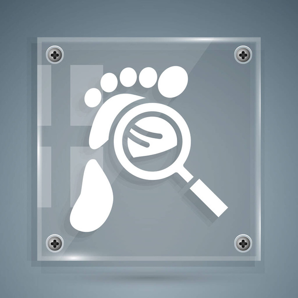 White Magnifying glass with footsteps icon isolated on grey background. Detective is investigating. To follow in the footsteps. Square glass panels. Vector. - Vector, Image