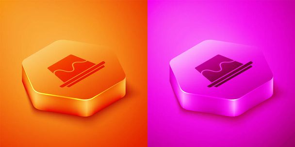 Isometrischer Pudding-Pudding mit Karamellglasur-Symbol auf orangefarbenem und rosa Hintergrund. Sechseck-Taste. Vektor. - Vektor, Bild