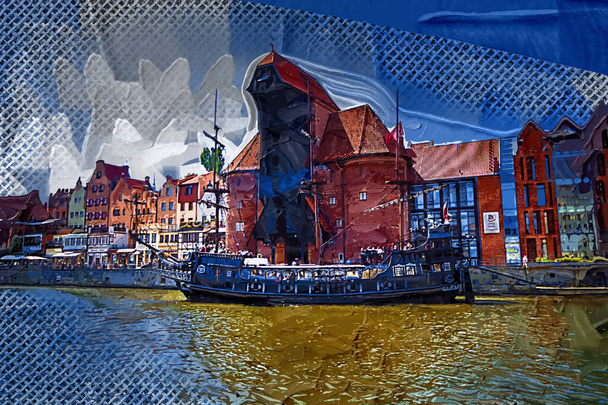 Gdańsk z pięknym starym miastem nad Motławą o wschodzie słońca, Polska - Zdjęcie, obraz