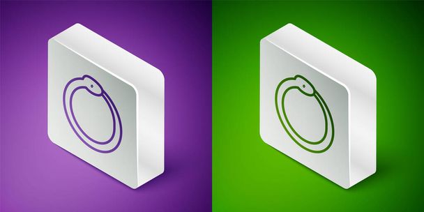 Isometric line Magic symbol of Ouroboros icon isolated on purple and green background. Snake biting its own tail. Animal and infinity, mythology and serpent. Silver square button. Vector. - Vector, Image