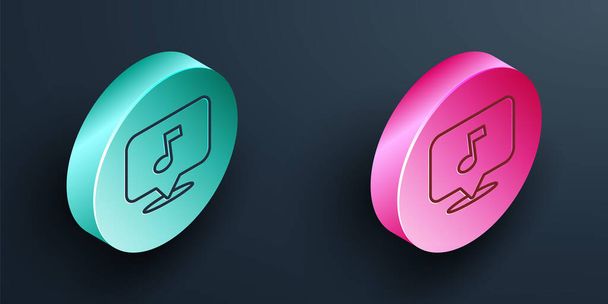 Isometric line Music note, tone icon isolated on black background. Turquoise and pink circle button. Vector. - Vector, Image