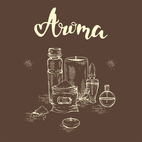 Accesorios de aromaterapia y letras Aroma.  - Vector, Imagen