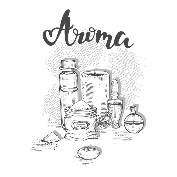 Aromatherapy accessories and lettering Aroma.  - Vector, Image
