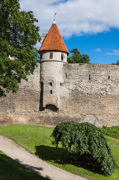 View of fortress towers and church on sky background. Tallinn. E - Foto, Imagen
