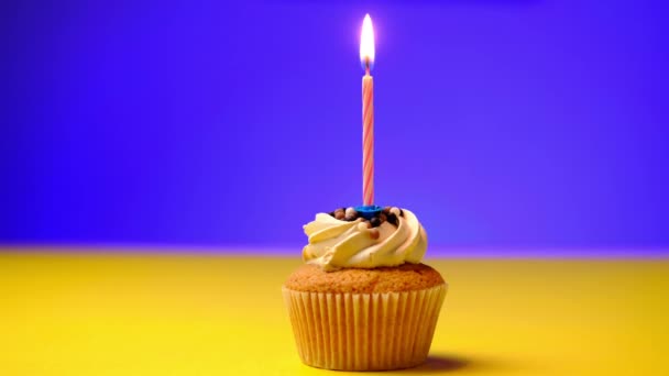 Candle goes out on cupcake in lonely darkness. Concept of birthday, party. - Footage, Video
