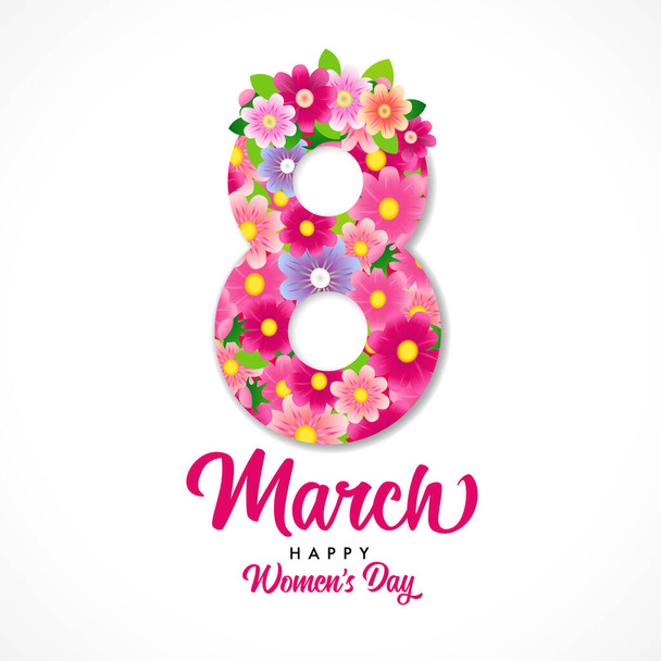 Χαρούμενη ημέρα των γυναικών ροζ πανό λουλούδια. Ευχετήρια κάρτα στις 8 Μαρτίου με λουλούδια και κομψό κείμενο - ευτυχισμένη ημέρα των γυναικών - Διάνυσμα, εικόνα