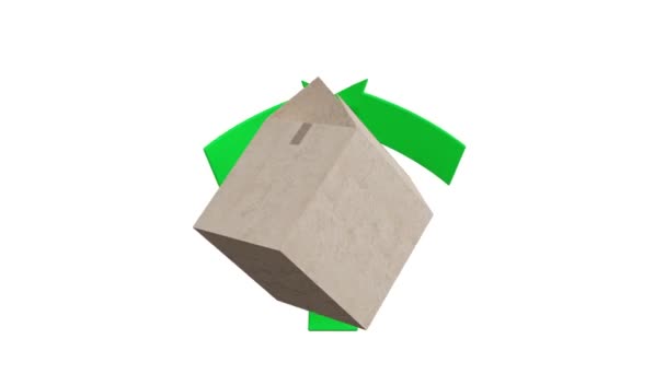 Vídeo. Animación. Ecología. Reciclaje. El símbolo de reciclaje gira en torno a una caja de cartón, papel.  - Metraje, vídeo
