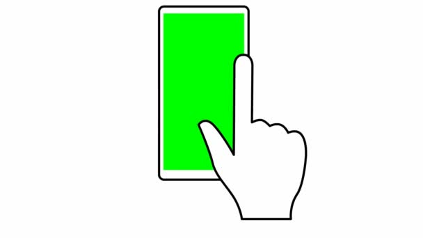 Animoitu käsi kääntyy puhelimen kuvien läpi vihreällä näytöllä. Vector kuva eristetty valkoisella taustalla. - Materiaali, video