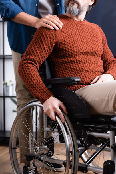 частичный вид человека, трогающего плечо отца-инвалида в инвалидном кресле - Фото, изображение