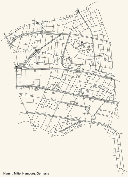 Black simple detailed street roads map on vintage bige background of the neighbourhood Hamm quarter of the Hamburg-Mitte borough (bezirk) of the Free and Hanseatic City of Hamburg, Németország - Vektor, kép