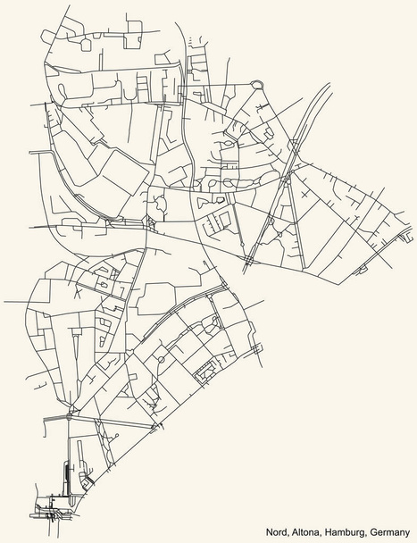 Black simple detailed street roads map on vintage beige background of the neighbourhood Altona-Nord quarter of the Altona borough (bezirk) of the Free and Hanseatic City of Hamburg, Germany - Vector, Image