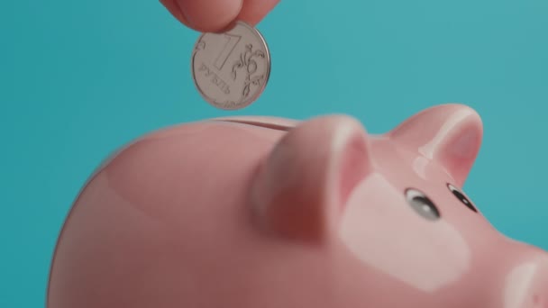 Roebel munten sparen in een Piggy Bank. Loop, sluit af.. - Video
