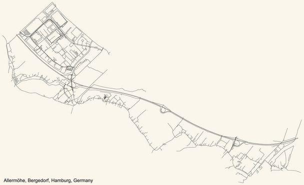 Carte routière noire simple et détaillée sur fond beige vintage du quartier Allermhe du quartier Bergedorf (bezirk) de la ville libre et hanséatique de Hambourg, Allemagne - Vecteur, image