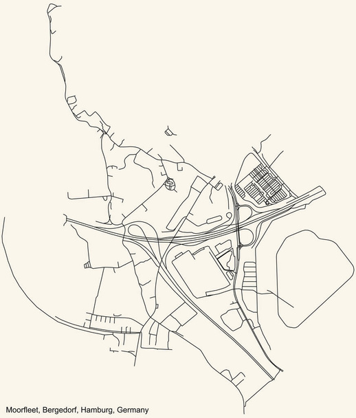 Black simple detailed street roads map on vintage bézs background of the neighbourhood Hamburg, Németország Szabad és Hanza-város Bergedorf kerületének (bezirk) Moorfleet quarter of the Bergedorf borough (bezirk) - Vektor, kép