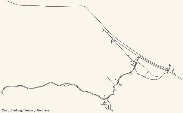 Preto simples mapa detalhado estradas de rua no fundo bege vintage do bairro Cranz bairro do distrito de Harburg (bezirk) da Cidade Livre e Hanseática de Hamburgo, Alemanha - Vetor, Imagem