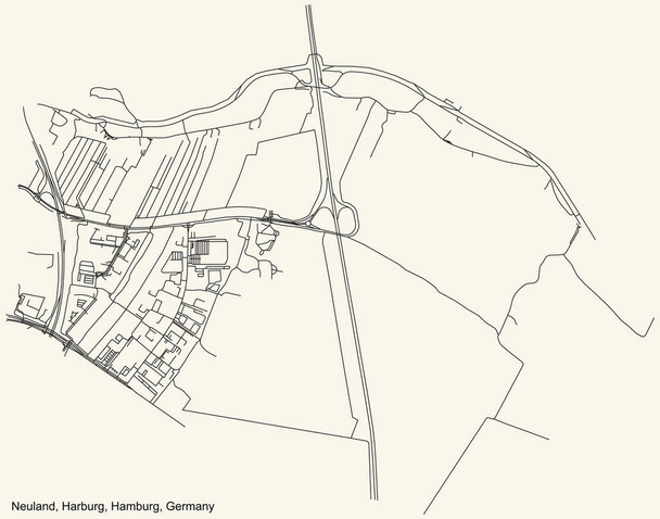 Negro simple mapa de carreteras de calle detallado en el fondo beige vintage del barrio Neuland barrio de Harburg (bezirk) de la ciudad libre y hanseática de Hamburgo, Alemania - Vector, imagen