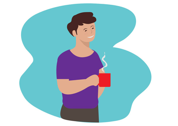 Mężczyzna uśmiechający się i trzymający szklankę kawy. Mężczyzna relaksuje się przy ciepłej kawie. Płaski styl kreskówki ilustracja wektor - Wektor, obraz