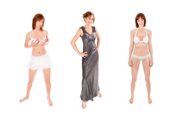 Three full length portraits of a slim young woman wearing an elegant evening dress, a miniskirt and a bikini, isolated in front of white studio background - Photo, Image