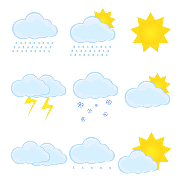 Wettersymbole. Eine Reihe von Wettersymbolen. Enthält Symbole der Sonne, Wolken, Schneeflocken, Wind. Wetter-Symbol gesetzt. Vektorillustration. - Vektor, Bild