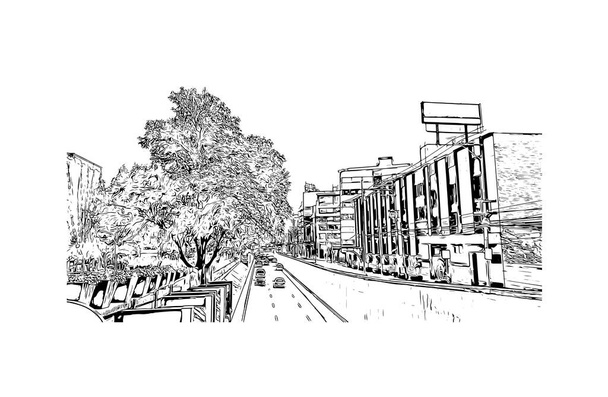 Print Gebouwenzicht met bezienswaardigheid van Ciudad Valles is de stad Mexico. Handgetekende schets illustratie in vector. - Vector, afbeelding