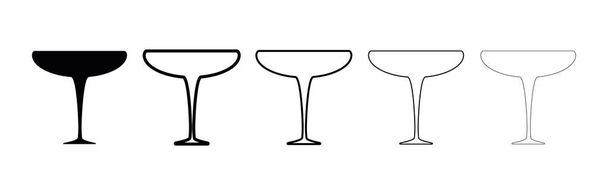 Ποτήρια κρασιού και μαρτίνι με σιλουέτα. Διαφορετικά χοντρά γυαλιά. Γυαλί σε μαύρο χρώμα που απομονώνεται σε λευκό φόντο. Σιλουέτα μαρτίνι γυάλινο εικονίδιο σετ. Μοντέρνο σχέδιο τέχνης γραμμή. - Διάνυσμα, εικόνα