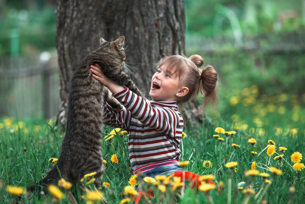 Divertente bella bambina che gioca con un grande gatto all'aperto. - Foto, immagini