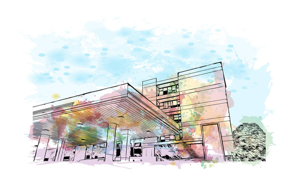 Вид Print Building з орієнтиром Сьюдад-Валлес - місто в Мексиці. Сплеск водяного кольору з накресленим малюнком у векторі. - Вектор, зображення