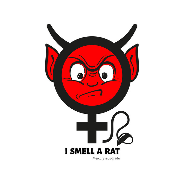 The sign of Mercury retrograde. A funny character in the form of an evil little imp. The caption " I smell a rat." Vector isolated on a white background. - Vector, Image