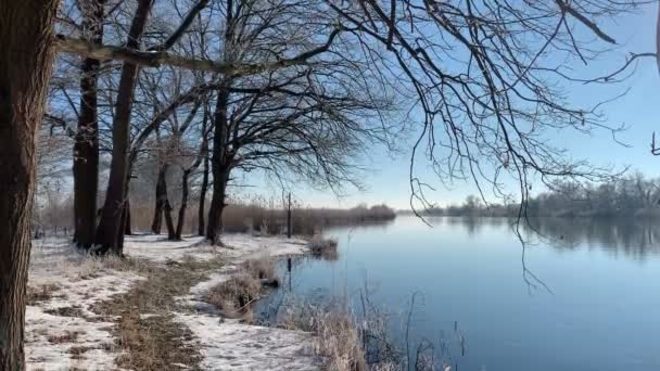 Зимний пейзаж на реке Гавел в Германии со снегом и голубым небом. - Кадры, видео