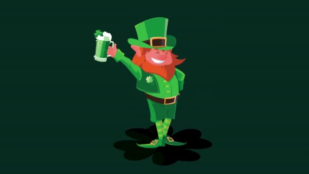 Mutlu Aziz Patricks Günü animasyonu. Leprechaun karakteri bira içiyor. - Video, Çekim