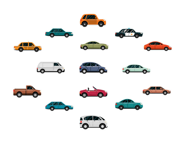 colección de coches, vista lateral de automóviles, fondo blanco - Vector, imagen