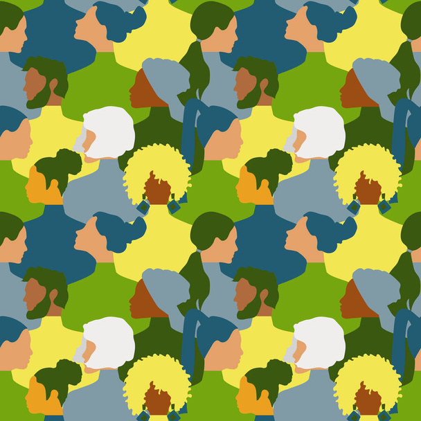 Een menigte van jonge en oude mannen en vrouwen in de kleuren groen, blauw, geel. Groep van stijlvolle mensen staan samen.  - Foto, afbeelding