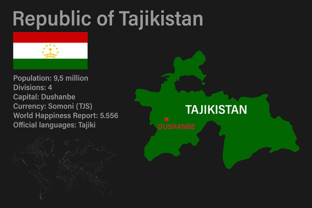 Mapa altamente detalhado do Tajiquistão com bandeira, capital e pequeno mapa do mundo - Vetor, Imagem
