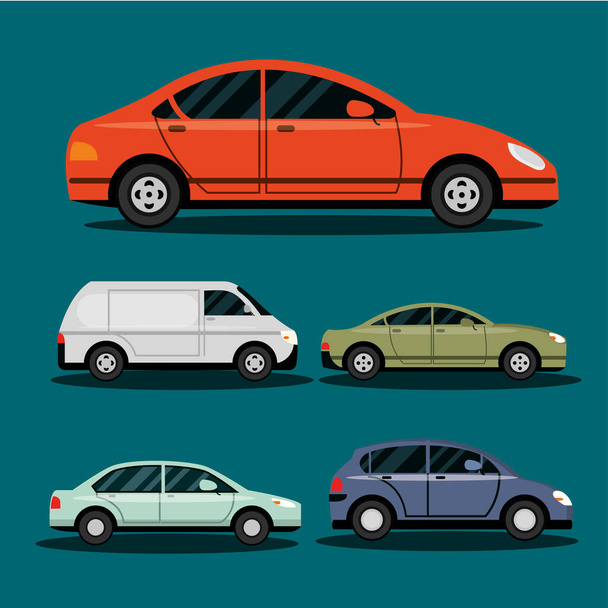 комплект с различными автомобилями транспортного средства, городского транспорта - Вектор,изображение
